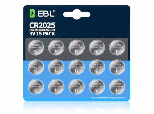 EBL 15 Stück CR2025 3V Lithium Knopfzelle, 2025 Knopfzelle, Kindersichere Verpackung, Langanhaltende Leistung, Hochwertige CR2025 Batterien Knopfzellen für Auto-Schlüssel, Uhren, Waagen