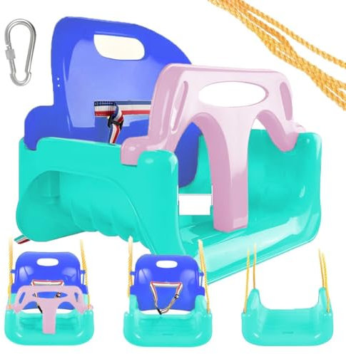 Altalena 3 in 1 per bambini da 6 mesi a 6 anni con schienale e cintura di Sicurezza per Esterno o Interno (Verde-blu-rosa): l'altalena perfetta che cresce con il tuo bambino!