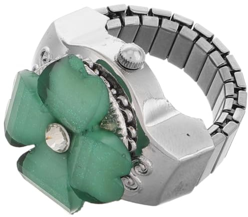 Ipetboom Four-Leaf Clover Watch Ring, Stainless Steel Miniature Clock Ring with Flip Cover for Women and Men Stylish Decorative Finger Watch
