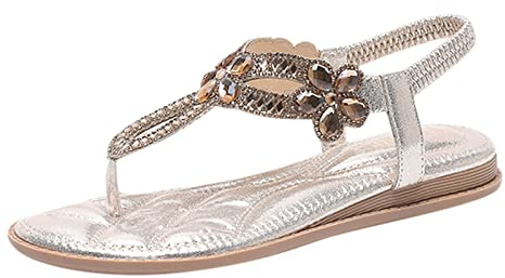 Generisch Women's Rhinestone Decor Slingback Wedges Sandals Elastic Ankle Strap Casual Bohemian Beach Shoes Rhinestone Decor Toe Post Sandals Silver Shoes Women's Wedge Heel, gold, 6 UK