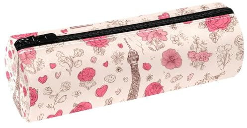 VAPOKF Romantischer Eifferturm rosa Floras Lederfass Stifteetui Münzgeldbörse Kosmetiktasche Make-up Tasche für Schüler Schreibwaren Schule Büro Aufbewahrung