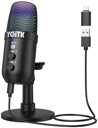 YGiTK Microfono USB 16bit/48KHz RGB Gaming Mic PC Microfono Riduzione del rumore Compatibile con Mac, Windows per PC, laptop, PS4, PS5 Podcasting, Streaming, Registrazione di giochi