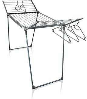 Leifheit Séchoir à Linge Pegasus 200 Solid Black, Étendoir à Linge Noir avec Ailes pour Les vêtements Longs, Séchoir sur Pied Stable pour intérieur et extérieur, Étendoir Linge au Design Moderne