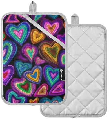 Presine da cucina con cuori colorati in stile cartone animato con presine da forno tascabili, confezione da 2