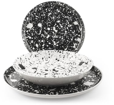 H&H, Servizio Tavola Noir, Set 18 Pezzi, Piatti con Design Schizzi Bianco e Nero, Stoneware, Lavabile in Lavastoviglie
