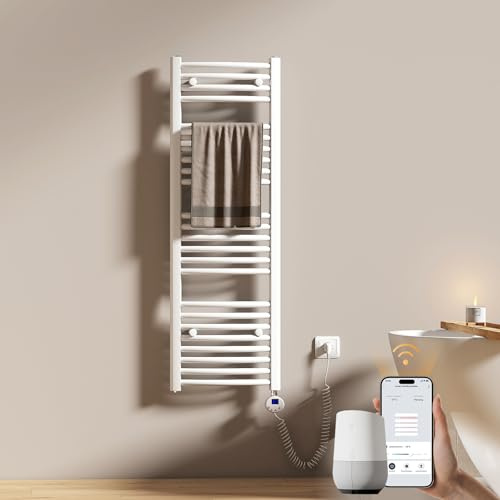 EMKE WiFi Badheizkörper Elektrisch 1200x400 mm - Gebogen Handtuchheizkörper Elektrisch, Elektrischer Handtuchwärmer Handtuchtrockner Handtuch Heizkörper Bad mit Thermostat und Heizstab - 500W, Weiß