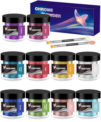 Luckymica krompulver – 10 färger metallic spegelkrompigment, holografiskt pulver för naglar, epoxiharts, muggar, slime, pyssel och oljemålning
