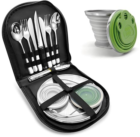 Camping Geschirr Set für 2 Personen: Becher & Edelstahl Besteck & Teller. | Geschirrset inklusive Gabeln, Messern, Löffeln und Bechern. Tragbares Besteckset für Outdoor, Picknick, Wohnmobil und Grillen