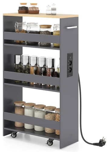 GIANTEX Nischenschrank Küche mit Steckdose, Rollwagen 20 cm breit, Holz | Nischenregal Nischenwagen 20 cm breit, Küchenrollwagen schmal, 4 Universalrollen, Rollregal für Küche und Bad