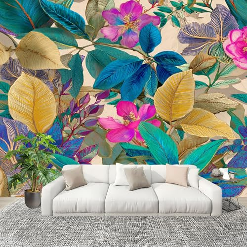 Vlies Fototapete Kinderzimmer Blumen Tropische Pflanzen Moderne Vliestapete Wandtapete, Fototapeten für Schlafzimmer, Wohnzimmer, Bunt Kindertapete Wanddeko 250x175 cm