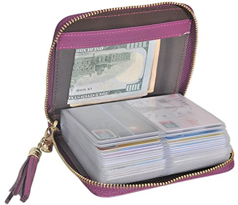 Easyoulife Womens Credit Card Holder Wallet Zip Leather Card Case RFID Blocking (Purple)