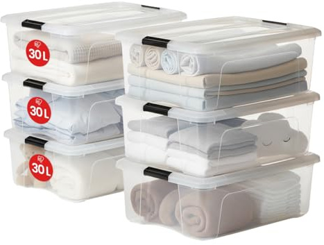 Iris Ohyama, 6er-Set, Aufbewahrungsboxen, 30 L mit Clips, stapelbar, Wohnzimmer, Schlafzimmer, Garage - New Top Box NTB-30 - Transparent