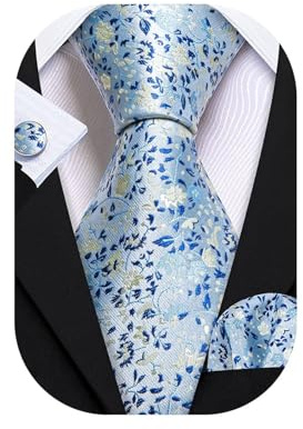 Barry.Wang Blue Floral Ties for Men Silk Woven Classic Necktie Set Pocket Square Cufflinks Formal Business Wedding