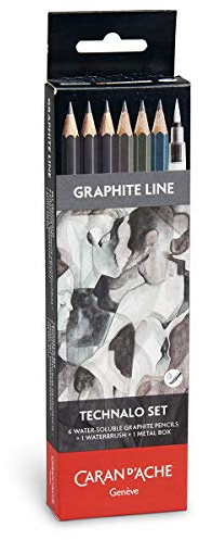 Caran d'Ache Graphitstifte Set mit Wasserpinsel - Wasservermalbar - Ideal für Vorbereitungsarbeiten, 6 Stück (1er Pack)