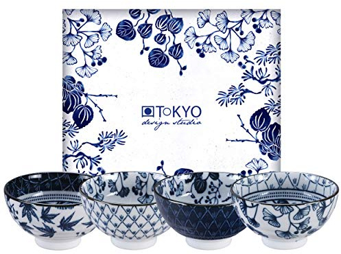 TOKYO design studio Flora Japonica 4-er Schalen-Set blau-weiß, Ø 12 cm, 6,3 cm hoch, ca. 300 ml, asiatisches Porzellan, Japanisches Blumen-Design, inkl. Geschenk-Verpackung
