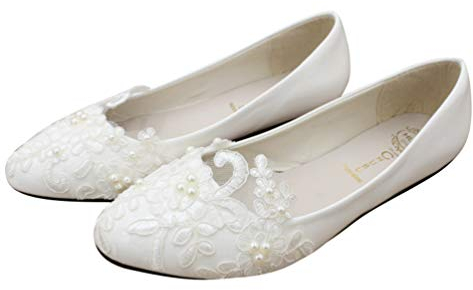 Holibanna Weiße Brautspitzenschuhe Frauen Hochzeit Brautschuhe Flache Schuhe Schlüpfen auf Synthetische Spitze Ballerinas Schuhe Größe 39