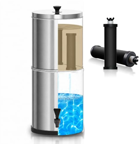 Lixada Seau de Filtration d'eau de Système de Filtre à Eau par Gravité Système de Filtration d'eau Avec 2 éléments de Filtrage, Acier Inoxydable 2,38 gallons Pour le camping en et la famille