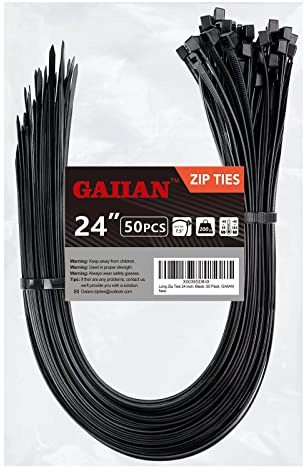 Long Zip Ties Heavy Duty 24 inch, Large Zip Ties with 200 lbs Tensile Strength, Big Cable Ties, Black, 50 Pack, by GAIIAN
