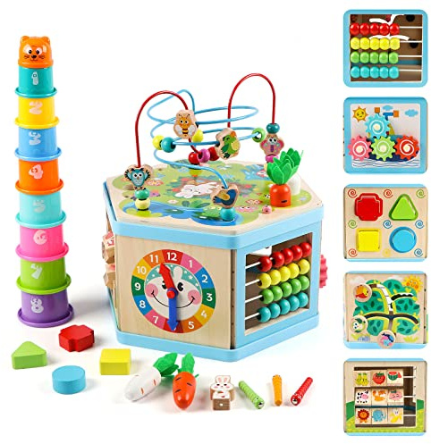 Vomocent Wooden Activity Cube for 1 Year Old Kids, Educational Learning Bead Maze for Toddler Age 1-3, Developmental Montessori Toys for 12-36 Months Boys Girls Gift