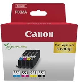 Canon CLI-551 C M Y BK Vorteilspack 4 Tintenpatronen (Schwarz, Cyan, Magenta, Gelb) Original [Umweltfreundliche Recycle-Kartonverpackung 2024 mit Diebstahl Sicherungsetikett]