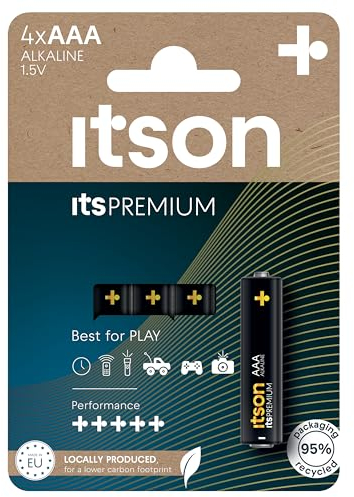 ITSON Batterien AAA, 4 Stück, leistungsstarke Alkaline Batterien, 1,5V, umweltfreundliche Verpackung 95% recycelt, Made in EU, ideal für Spielzeug, Kameras, Spielcontroller und Haushalt