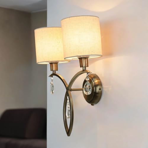 Licht-Erlebnisse Wandlampe 2-flammig in Messing Antik Natur E14 Stoff Metall mit Schalter Klassisch Wandleuchte Wohnzimmer Schlafzimmer