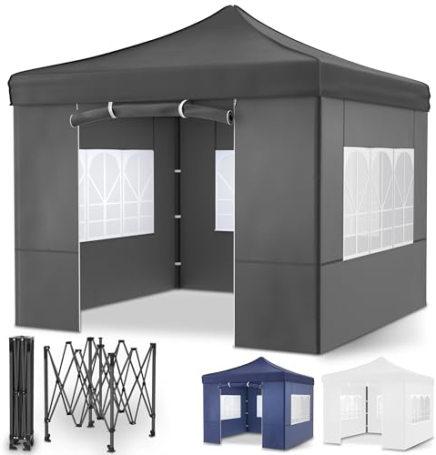 ONBEST Pavillon – 3x3m – Großer Eingang - Wasserdicht – Pop up Gestell – Seitenwänden mit 3x3 Fenstern – Zusätzlich mit Tasche – Faltbarer Outdoor Pavillon Faltpavillon (Grau)