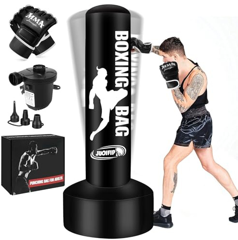 Standboxsack für Erwachsene mit Pumpe und Handschuhen, 175 cm Kickboxsack mit Ständer, aufblasbar, freistehend, schwerer Tasche, Kicking Bag für Training MMA Muay Thai Fitness