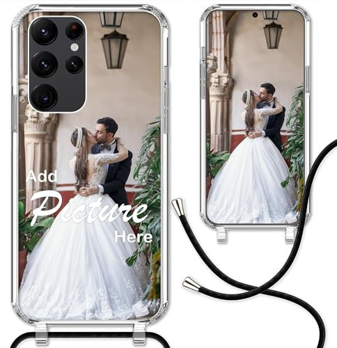 CoverHeld Samsung Galaxy S22 Ultra Handyhülle mit Band selbst gestalten aus Silikon Hülle mit deinem Bild/Design personaliseren und einzigartig Machen/Handykette Kordel Band in Schwarz