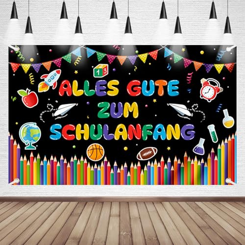 Bomtop Einschulung Deko Banner, Alles Gute Zum Schulanfang Banner, Schuleinführung Deko Schulkind Girlande für Schulanfang Jungen Schüler Kinder Mädchen 180 × 110cm (Schwarz)