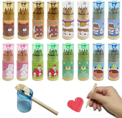 XingyLi 16 Pack Buntstifte Set in 12 Farben, Cartoon Cute Tragbare Vorgespitzte Zeichenstifte mit Spitzer, Klein Farbstifte, Mini Holzstifte für Erwachsene Künstler Zeichnung Skizzieren Belohnungen