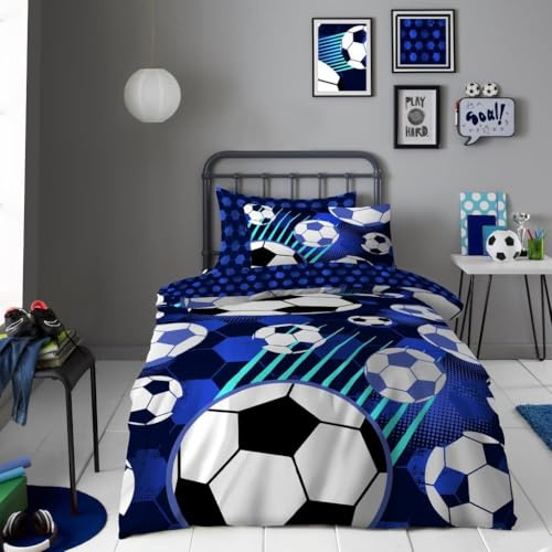 GC GAVENO CAVAILIA Football Duvet Cover Single With Pillow Case, Super Soft Reversible Football Printed Bedding, Cosy & Comfy Polycotton Kids Bedding For Boys & Girls, Blue