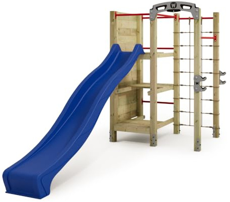 Wickey Klätterställning med klätterstång FIT Cross 672 – klättertorn med rutschkana, klättringsnät och hantelställ – 438 x 431 x 268 cm