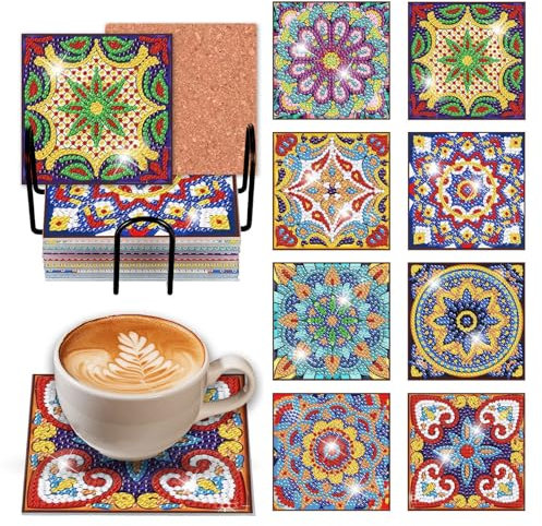 Syunyin Diamond Painting Untersetzer Set - 8 Stück Mit Halter, DIY Mandala für Erwachsene & Anfänger