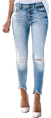 Jean Femme Taille Haute Slim Braguette boutonnée Jean Skinny Push up Breaking Knee Pantacourt Pantalon Stretch Extensible Effet usé asymétrique en Denim Jean Boyfriend Trou cassé (Light Blue, XXL)