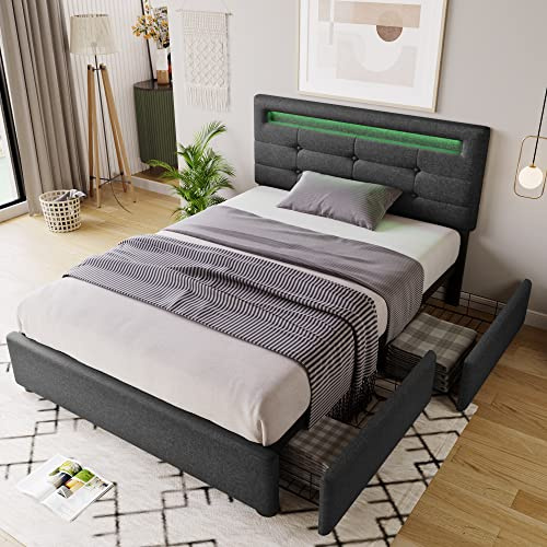 Gegtuon Polsterbett Bett 90x200, Einzelbett mit Stauraum Underbett, Stauraumbett Jugendbett mit Verstellbares Kopfteil, Funktionsbett Gästebett Bettgestell Lattenrost, ohne Matratze, Leinen, Grau