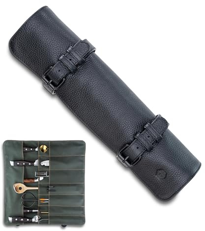 Angus Stoke Messertasche für Kochmesser aus Büffelleder | 14-Fächer Leder-Messerrolle für Köche – Messer Kochtasche Gross Duplex (Schwarz)