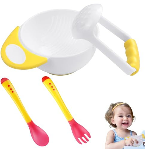 Pddenality 3 Pcs Baby Food Masher, Mashing Bowl Baby Fork and Spoon Set, Baby Bowls for Weaning with Non Slip Long Handle and Grinding Rod and Spoon Set, Suitable for Infants Over 6 Months Old