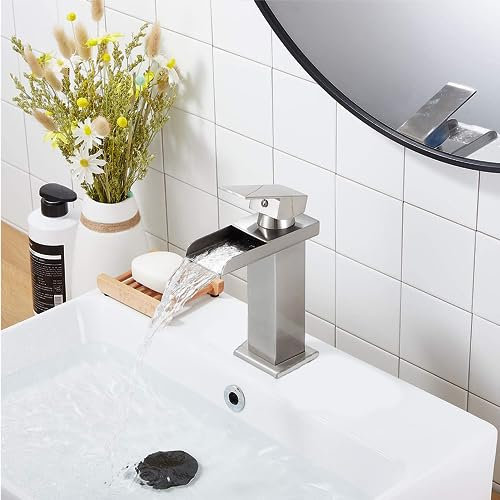 XWIHTR Rubinetto da bagno a cascata, rubinetto da bagno in acciaio inox e ottone, risparmio idrico, rubinetto per lavabo, bocca calda e fredda, rubinetto per lavabo a una maniglia (spazzolato)