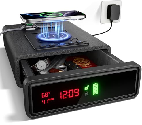 ORARAER Biometric Smart Gun Safe with Wireless Charging, 3 Quick Access Money Box with Fingerprint - Compact Bedside Drawer Safe, 24/7 Digital Clock handgun safe,Gifts for Men
