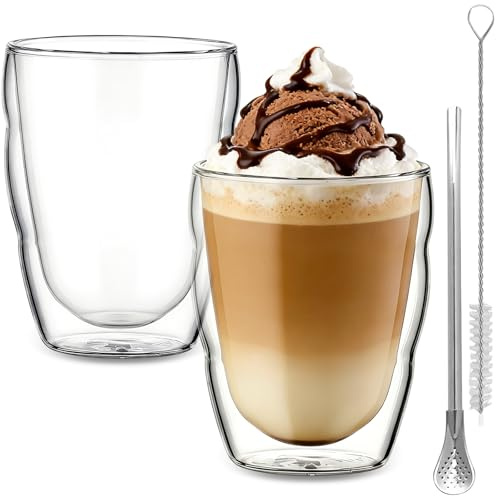 CxutSa 2 x 450ml Double Walled Glass Coffee Mugs Cappuccino Latte Expresso Glass Mugs Large Borosilicate Glasses Cups with Spoon & Brush for Hot Cold Drinks Tea Juice Milk Ice Cream