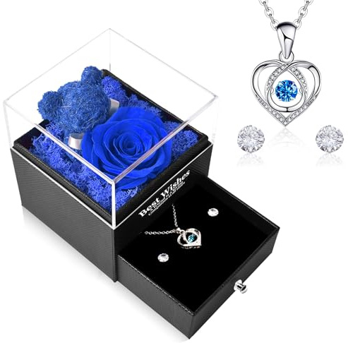 CSYY Ewige Rose, Schlagendem Herz Halskette Ohrringe Handgefertigte Konservierte Rosen Große Schmuck Geschenkbox für Mama Schwester Ehefrau Weihnachten Blau