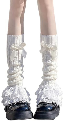 IHLOOTD Leg Warmers y2k Stulpen Damen Mehrlagige Spitze Schleife Beinstulpen Japanische Lolita Kawaii Beinwärmer Damen
