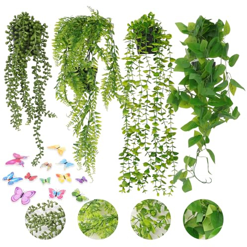 CAKKVDE 4 Pack Artificial Hanging Plants with Pots | Indoor Outdoor Decor, Office, Patio & Wall - Realistic Faux Greenery in Hanging Planter(4-Piece Set with Butterfly Decor)