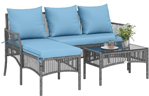 Outsunny Conjunto de Jardín de Ratán de 3 Piezas, Muebles Jardín Exterior Incluye 1 Sofá de 2 Plazas, 1 Sofá Esquinera, 1 Mesa de Centro con Tablero de Vidrio Templado, Cojines, Resistente, Azul Claro
