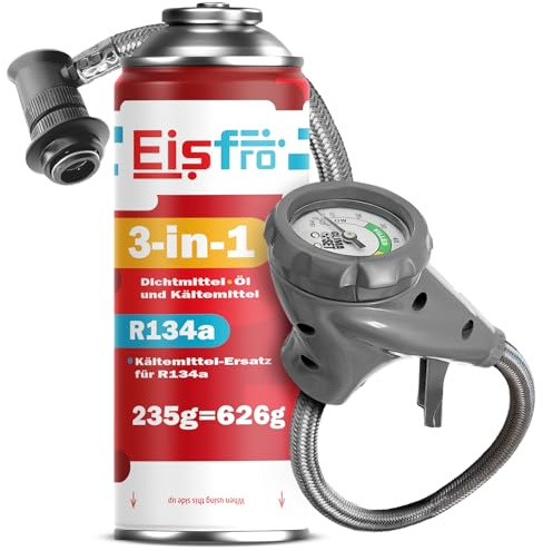 Eisfro - 3in1 R134a Fluido refrigerante gas di ricambio + tubo – per climatizzatori auto con sigillante e olio – Bombola di gas 1x235 g – Kit climatizzatore camper – ECO