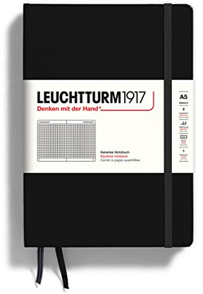 LEUCHTTURM1917 315928 Notizbuch Medium (A5), Hardcover, 251 nummerierte Seiten, Schwarz, kariert