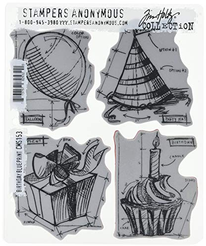 Stampers Anonymous Tim Holtz Cling Rubber Stamp Set, 7 by 8.5-Inch, Birthday Blueprint
