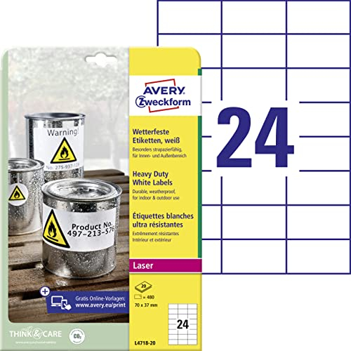 AVERY Zweckform L4718-20 Wetterfeste Folienetiketten (480 Klebeetiketten, 70x37mm auf A4, extrem stark selbstklebend, wasserfest, strapazierfähig, bedruckbare Outdoor Klebefolie) 20 Blatt, weiß