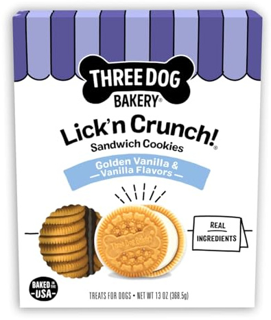 Three Dog Bakery Lick'n Crunch! Golden & Vanilla Sandwich Cookies, Dog Treat, Puppy Cookies with Real Ingredients, Dog Birthday Treat, Training Reward